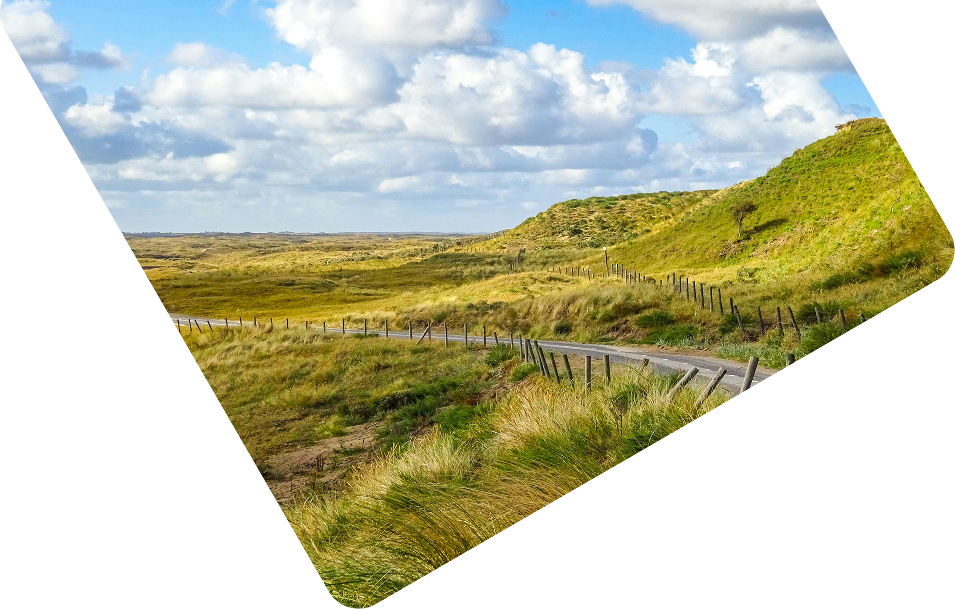 Een weg dat leidt langs groene velden en een blauwe lucht met wolken
